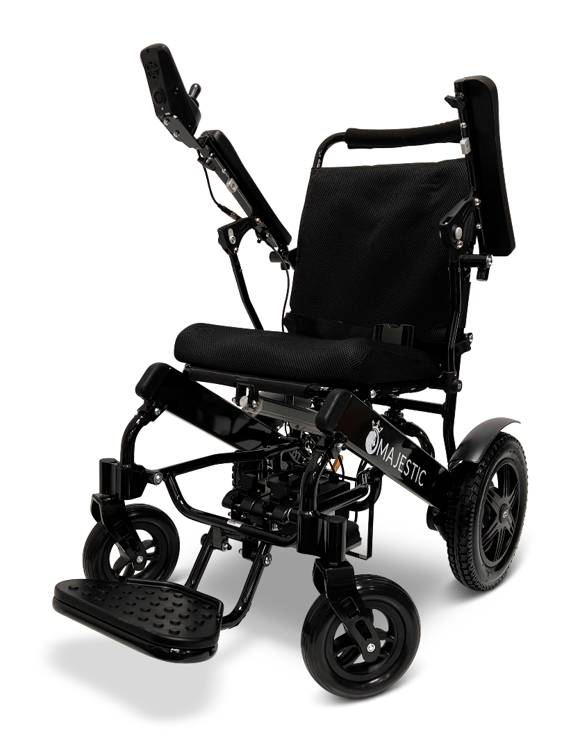 The ComfyGo MAJESTIC IQ-9000 Auto Reclining Electric Wheelchair is a black, lightweight, foldable model made from aircraft-grade aluminum alloy with armrests, footrest, large rear wheels, and a digital joystick for easy mobility.
